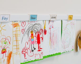 Kids Artwork & Photo Display Rail, Clamp Paper Without Pins (200cm White) Nursery/Classroom Wall Rail