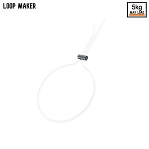 Könnte beinhalten: Ein weißes Kunststoff-Schlaufenmacher-Werkzeug mit einem grauen Metallverbinder. Das Werkzeug ist zum Erstellen von Schlaufen in Schnur oder Kordel gedacht. Die maximale Belastung beträgt 5 kg.