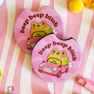 Cute Frog Car Coaster, Funny Frog Pun Designs, Set of 2 Round Car Coasters, Car Cup Holder, Kawaii Car Accessory, Gift for Frog Lovers