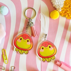 Cute Frog in Strawberry Hat Acrylic Keychain, Adorable Funny Derpy Froggy Key Charm with Tassel, Keyring Keyholder Accessory, Bag Charm