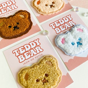 Kawaii Teddybär Patches - Flauschige Sherpa Gestickte Bären Köpfe Aufbügler, Aufnäher zum Aufbügeln, Selbstklebend, DIY Chenille Patch Aufkleber
