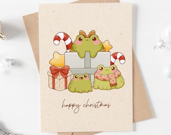 Hoppy Christmas Froggy Greeting Card, Cute Frogs and Presents Candy Canes Card, Holiday Blank A6 Postcard