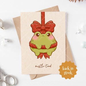 Mistelkröte Weihnachtsgrußkarte, niedlicher Misteltoad Frosch mit roter Schleife, A6 Postkarte mit Umschlag