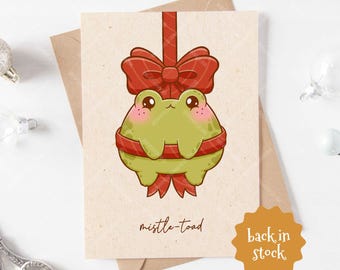 Mistle-toad Christmas Froggy Greeting Card, Cute Chubby Mistletoe Frog with Red Bow Holiday Blank A6 Postcard with Craft Envelope
