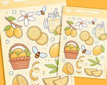 Hoja de pegatinas "Verano de Limones", ilustraciones de cítricos cítricos, planificador, Bullet Journal, scrapbooking, hoja de pegatinas kawaii de temporada