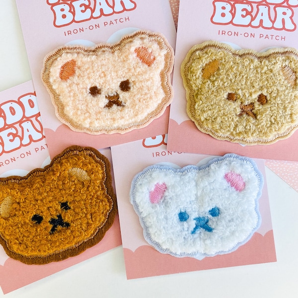 Kawaii Teddy Bear Patches - Fluffy Sherpa Brodé Bears Heads Iron-On, Sew-On Appliques, Self-Adhesive, DIY Patch Sticker