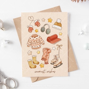 Warmste wensen kerstwenskaart, leuke gezellige kerstkaart winterkleding, geïllustreerde vakantie blanco A6-kaart met ambachtelijke envelop