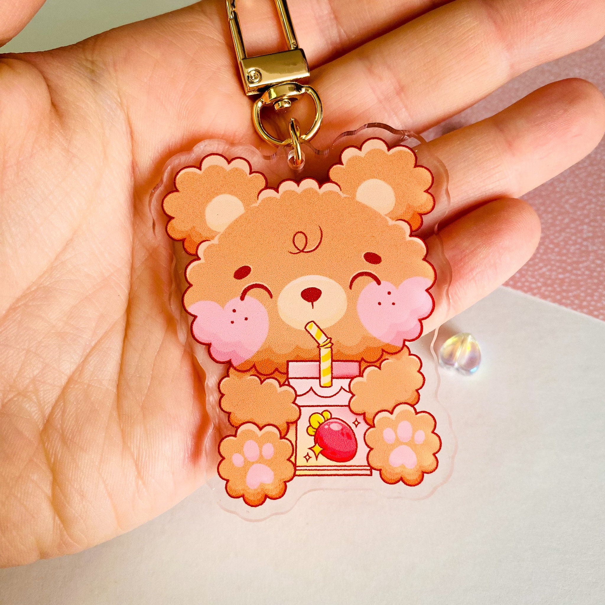 Strawberry Milk Bear Acrylic Keychain - Cute Teddy Bear Drinking