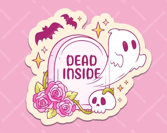 Dead Inside - Cute Pastel Goth Aesthetic Halloween Pink Gravestone with Roses and Ghost Die Cut - Glossy Holo/Oil Slick Sticker