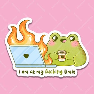 Op de afbeelding: Een gestanste sticker met een groene kikker met roze wangen die een koffiebeker vasthoudt naast een laptop die in oranje vlammen staat. De laptop heeft een zwart hart op de klep. De tekst eronder luidt "i am at my fucking limit" in het groen.
