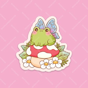 Sticker champignon champignon fée grenouille magique, grenouille papillon cottagecore sur flocon champignon, sticker mat découpé grenouille kawaii