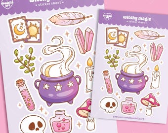 May include: Two sticker sheets with a witchy theme. The stickers feature a purple cauldron, crystals, a feather, a skull, potion bottles, and tarot cards. The text "witchy magic" is at the top of the sheets. The artist's website is at the bottom.