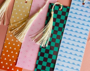 Anime Themed Pattern Bookmarks - Manga Inspired Chibi Character Handmade Laminated Bookmark with Tassel