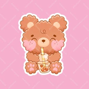 Sticker ours en peluche thé Boba au lait - Adorable nounours en vinyle imperméable Boba tea bulles de lait kawaii amateur de tapioca - Sticker brillant