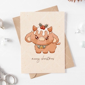 Biglietto di auguri natalizio Mooey con mucca, biglietto di auguri natalizio con budino di mucca, simpatico budino di fichi con mucca delle Highlands, cartolina vuota A6 con busta