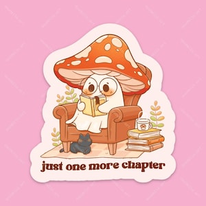 Adesivo "Just One More Chapter", adesivo carino "Toadstool Ghost" con motivo a scaglie, adesivo "Fungo fantasma con gatto nero", adesivo opaco kawaii per Kindle