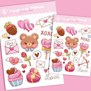 Hoja de pegatinas con garabatos de San Valentín: bonita agenda de San Valentín kawaii, diario, álbum de recortes, decoración, pegatinas brillantes o mate