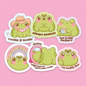 Sassy Frog-klistermärken, Rootin Tootin Cowboy, Always Anxious, Thicc Butt Frog Flake, Badass Frog-klistermärke, Kawaii Frog Die Cut Matte-klistermärke