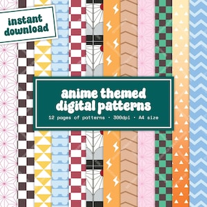 Anime Themen Digital Printable Scrapbook Papier - Dämon Anime Inspirierte Muster - Sofortiger Download Nahtloses Vektor Muster Bundle A4 12 Seiten