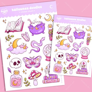 Halloween Doodles Sticker Sheet - Cute Spooky Pastel Goth Halloween Themed Illustrations Planner Bullet Journal Scrapbooking Decorating