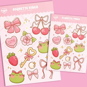 Foglio di adesivi Coquette Froggy Vibes, adesivi carini Kawaii Girl Era Planner, fiocchi rosa ciliegie rane Bullet Journal Scrapbooking Decorazione