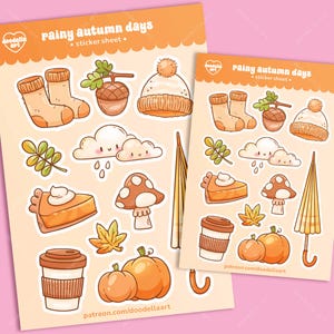 May include: Two sticker sheets featuring autumn-themed illustrations. Stickers include socks, acorns, hats, clouds, mushrooms, pie, leaves, coffee cups, pumpkins, and umbrellas. The text "rainy autumn days" and "sticker sheet" are visible.
