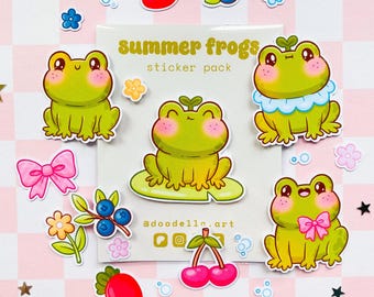 Summer Froggies Sticker Pack, Fairycore Cute Fairy Frog Flower Berry Illustrations, Planner Bullet Journal Kawaii Toad Doodle Sticker Bundle
