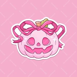 May include: A pink pumpkin with a pink bow and sparkly eyes. The pumpkin is a sticker with a white outline.