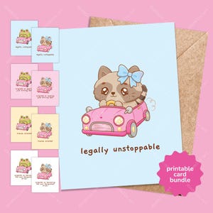 May include: A light blue card featuring a cartoon raccoon with a blue bow driving a pink car. The text "legally unstoppable" is below the image. Several smaller cards with similar designs are also visible.