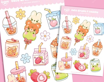Söta drycker, klistermärken, ark - söt dryck, dryck, mellanmål, blommor, planerare, bullet journal, dagbok, scrapbooking, dekoration - glansiga eller matta klistermärken