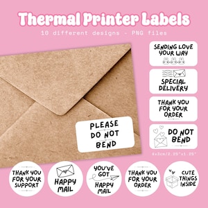 Do Not Bend, Happy Mail, Thank You, Special Delivery, Snail Mail Thermal Printer Sticker Labels, 10 PNG Designs Small Business Packaging