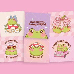 Freche Frösche Art Prints - Kawaii Mollige Froggy Drucke, Baddies Get Saddies, Dummer Frosch, Fliegenpilz Frosch, Fairy Frosch - A5 A6 quadratische Wandkunst