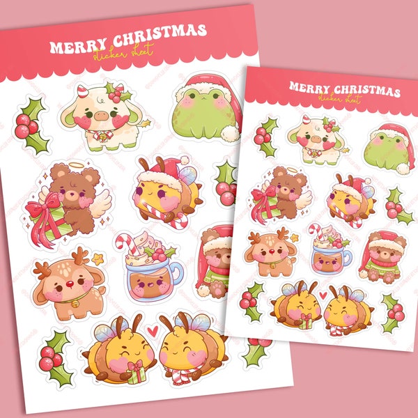 Christmas Characters Sticker Sheet - Cute Kawaii Festive Chibi Animals Planner Bujo Diary Scrapbooking Decorating - Glossy or Matte Stickers