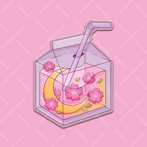 Adesivo de suco de lua crescente com flores rosa - Caixa de suco floral fofa, caixa de bebida, vinil transparente recortado - Adesivo à prova d'água