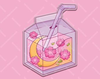 Adesivo per succo di luna crescente con fiori rosa - Cartone per bevande con succo floreale, vinile trasparente, fustellato - Adesivo impermeabile