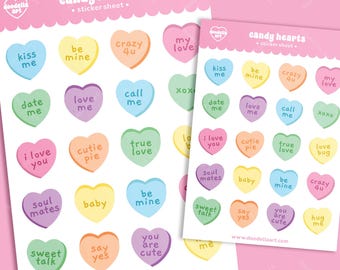 Valentines Candy Hearts Sticker Sheet - Cute Kawaii Valentine Conversation Heart Sweethearts Planner Decor - Glossy Holographic Stickers