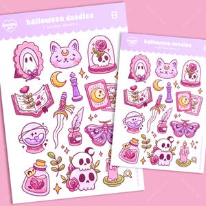 Halloween Doodles Sticker Sheet - Cute Spooky Pastel Goth Halloween Themed Illustrations Planner Bullet Journal Scrapbooking Decorating