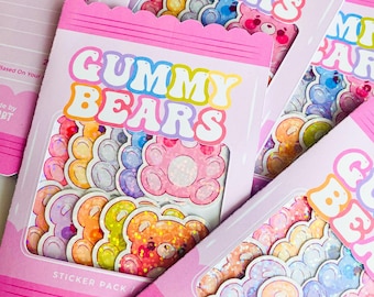Cute Gummy Bear Sticker Pack -  Kawaii Sparkly Gummy Bear Mini Die-Cut - Bullet Journal Planner Scrapbook Deco Laminated Stickers - 10 pack