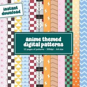 Papel digital imprimible para álbum de recortes con temática de anime - Patrones inspirados en anime de demonios - Paquete de patrones vectoriales sin costuras de descarga instantánea A4 de 12 páginas