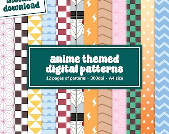 Papel digital imprimible para álbum de recortes con temática de anime - Patrones inspirados en el anime de demonios - Paquete de patrones vectoriales sin costuras de descarga instantánea, tamaño A4, 12 páginas