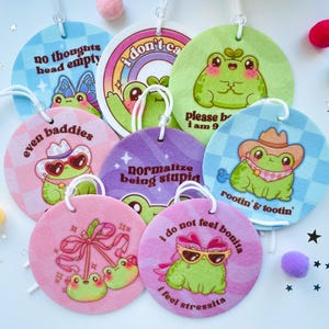 Cute Frog Car Air Freshener, Funny Frog Pun Designs, Round Air Freshie, Scented Felt Car Closet Accessory, Gift for Frog Lovers