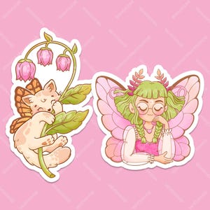 Pegatinas de mariposa, gato y hada: adorable hada gatita con alas y flor de campanilla, adorable hada del bosque con estilo cottagecore troquelado, pegatina mate