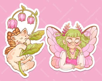 Butterfly Cat and Fairy Stickers - Cute Cat Fairy with Wings and Campanula Flower, Cute Cottagecore Forest Fairy Die Cut - Matte Sticker