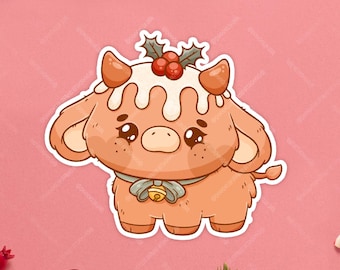 Christmas Figgy Pudding Cow Sticker - Festive Christmas Pudding Highland Cow Holiday Christmas Desert Sticker - Cute Kawaii Die Cut Sticker