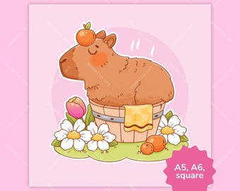 Capibara-bubbelbad met sinaasappels - schattige geïllustreerde cappy-kunstprint - mini, vierkant, A5, A6, ansichtkaartprint - kawaii wanddecoratie