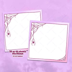 May include: Two blank printable sheets of paper with a spider web and spider design in the corner. The sheets are 3.7 x 3.7 inches and come in packs of 30 or 60 sheets.