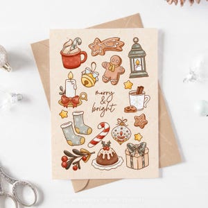 Biglietto d'auguri di Natale allegro e luminoso, graziosi ornamenti natalizi, decorazioni per cibo e abbigliamento, cartolina illustrata per le festività in formato A6.