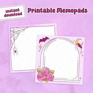 May include: Two printable memo pads with a pink background. The first memo pad has a spider web and spider in the top left corner. The second memo pad has a rose, a crescent moon, a bat, and stars in the top right corner.