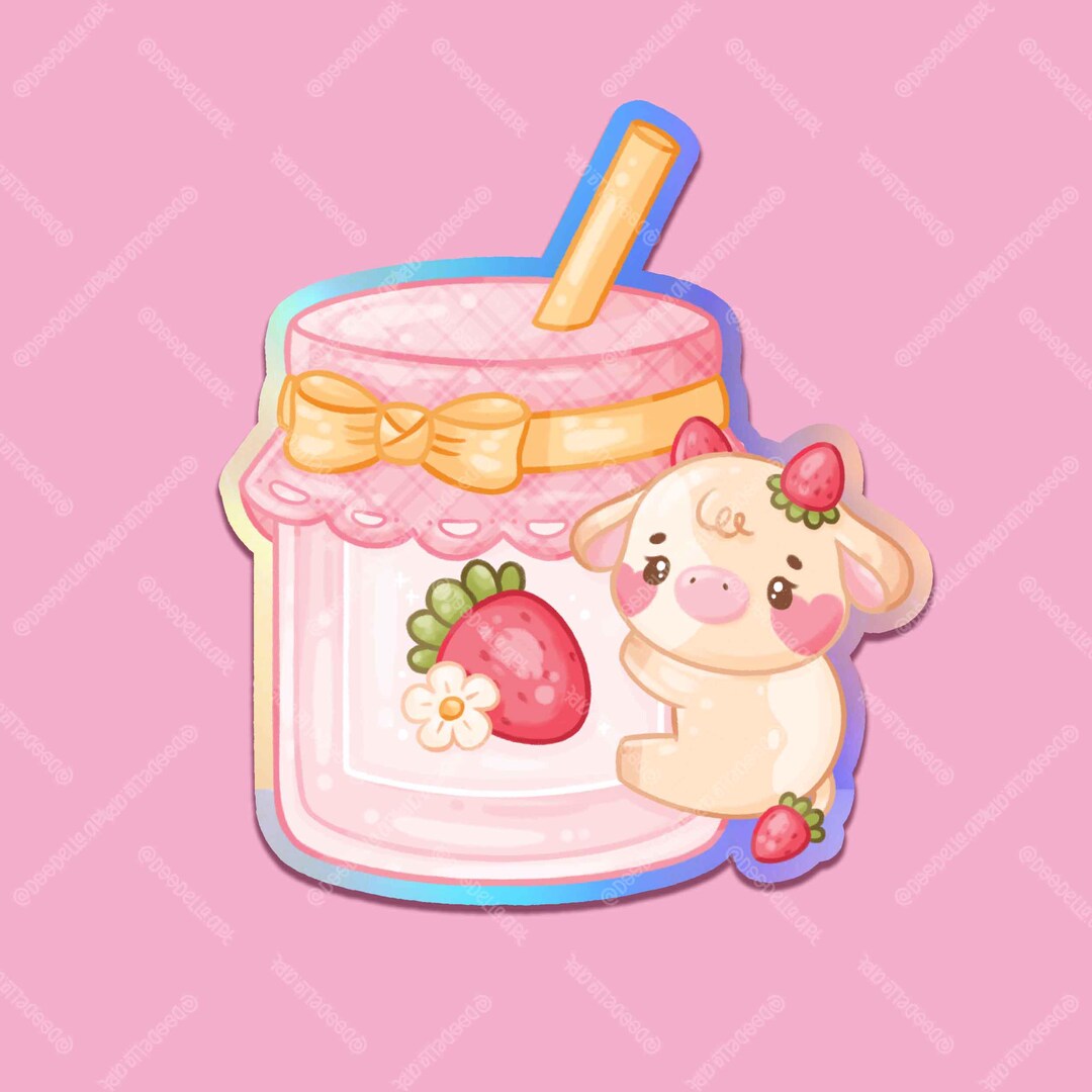 Strawberry Cow and Berry Jam Sticker, Kawaii Cow Strawberry Jam Die Cut ...