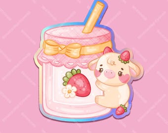 Adesivo con marmellata di fragole e mucca, adesivo in vinile impermeabile olografico arcobaleno fustellato con marmellata di fragole kawaii, acquistane uno e ricevine uno gratis